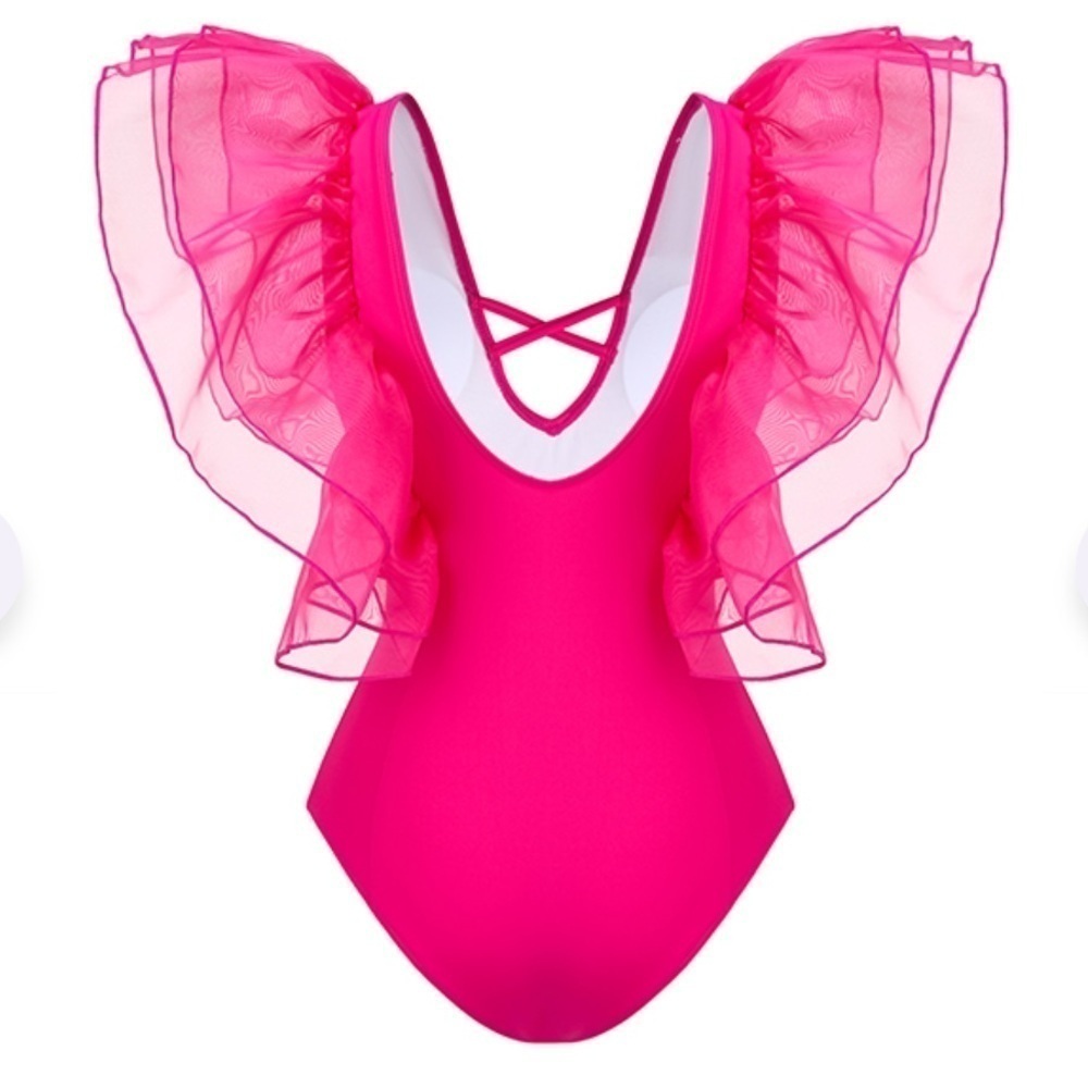 SPORLIKE Neon Pink Mesh Ruffle One Piece Swimsuit - Picture 5 of 8